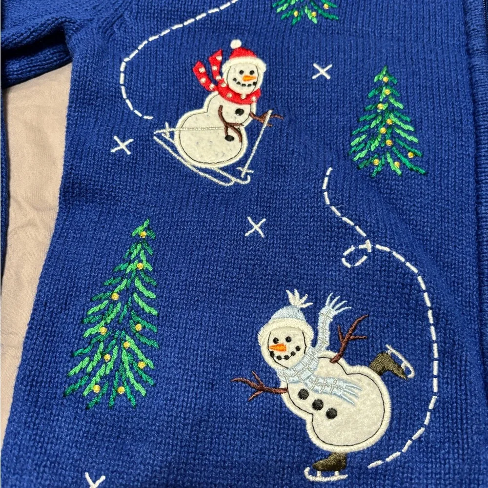 Vintage Crystal Kobe Blue Snowman Christmas Sweater Zip Holiday Cardigan Medium